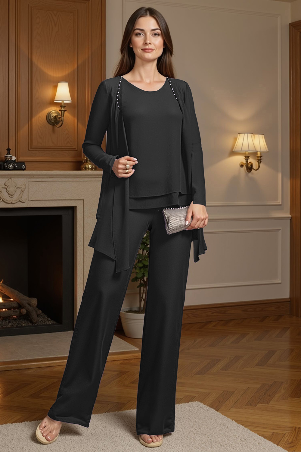 Sparkly Purple Beaded Boat Neck 3 Piece Mother of the Bride Pant Suits with Jacket