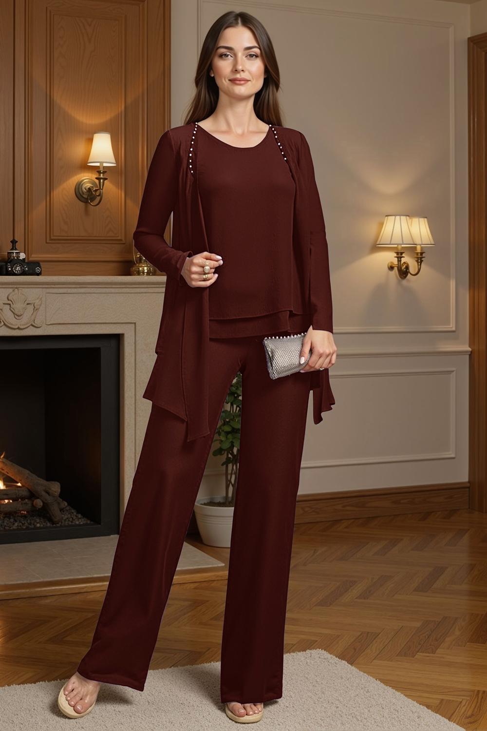 Sparkly Purple Beaded Boat Neck 3 Piece Mother of the Bride Pant Suits with Jacket