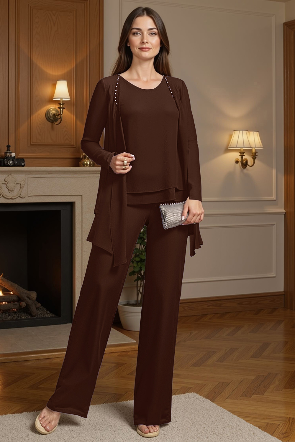 Sparkly Purple Beaded Boat Neck 3 Piece Mother of the Bride Pant Suits with Jacket