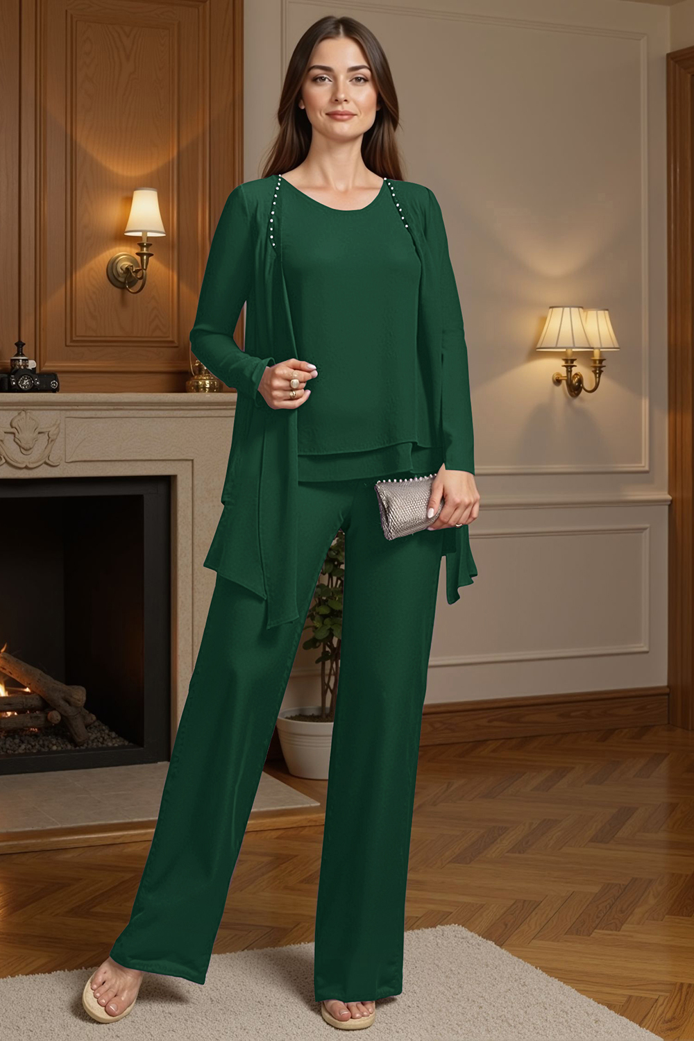 Sparkly Purple Beaded Boat Neck 3 Piece Mother of the Bride Pant Suits with Jacket