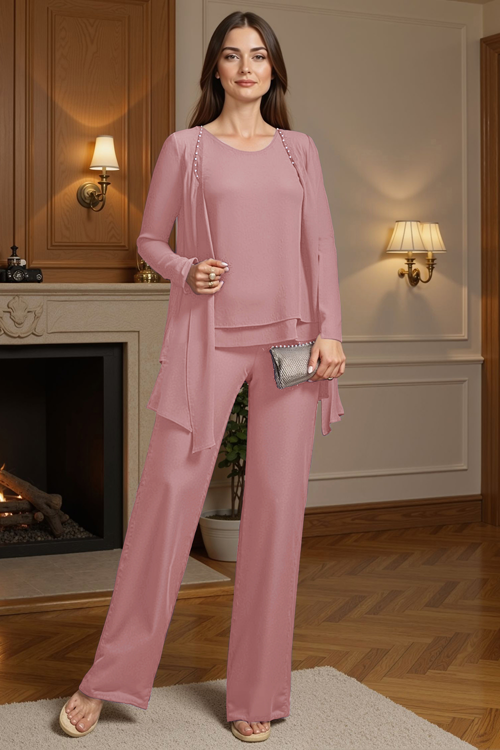 Sparkly Purple Beaded Boat Neck 3 Piece Mother of the Bride Pant Suits with Jacket