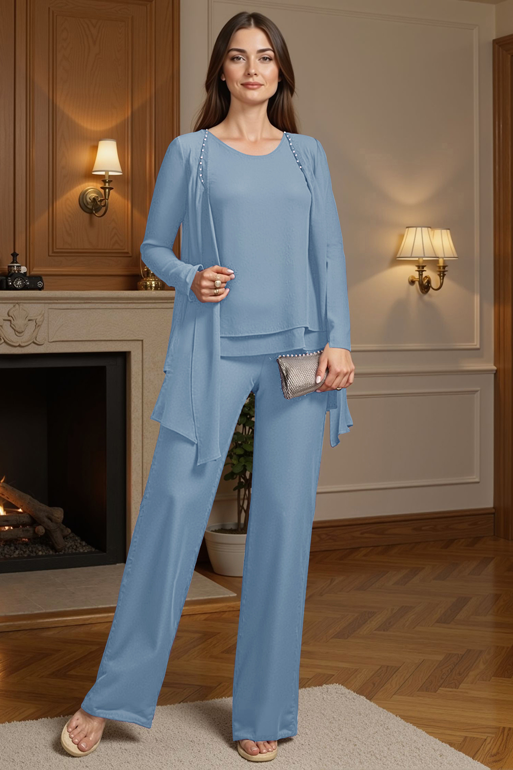 Sparkly Purple Beaded Boat Neck 3 Piece Mother of the Bride Pant Suits with Jacket