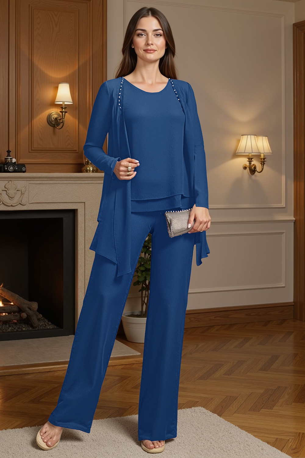 Sparkly Purple Beaded Boat Neck 3 Piece Mother of the Bride Pant Suits with Jacket