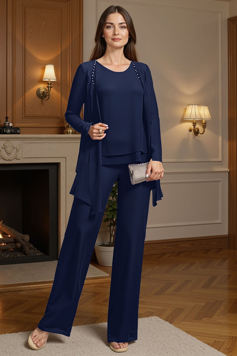 Sparkly Purple Beaded Boat Neck 3 Piece Mother of the Bride Pant Suits with Jacket