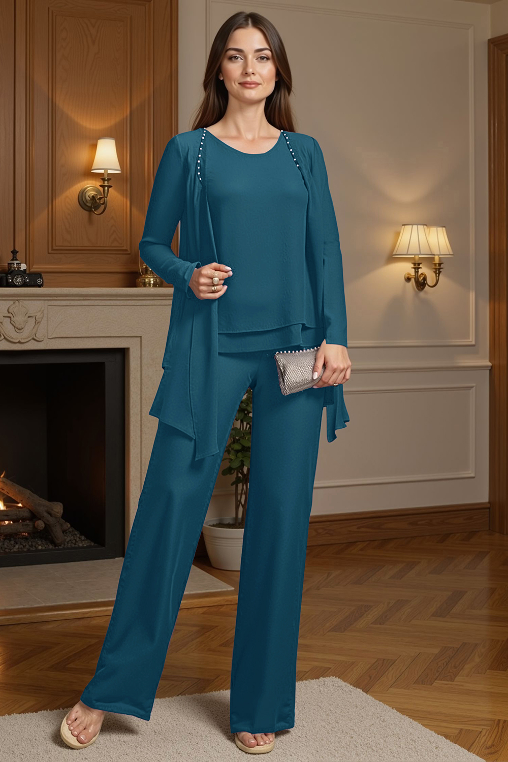 Sparkly Purple Beaded Boat Neck 3 Piece Mother of the Bride Pant Suits with Jacket