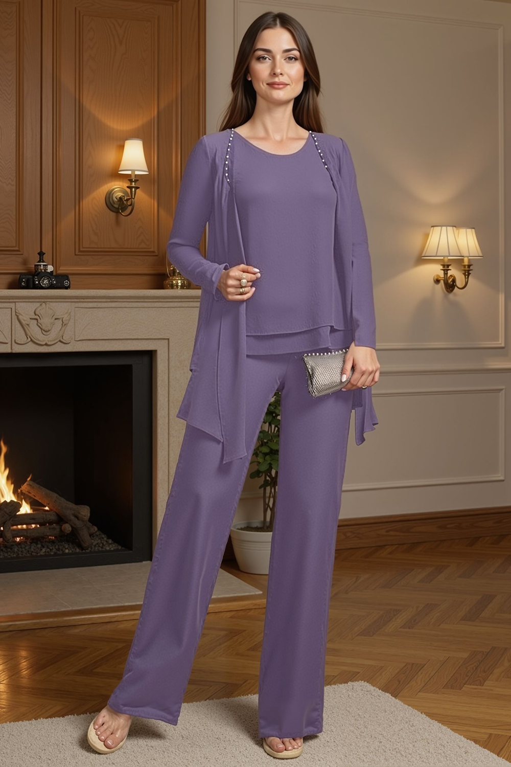 Homrain Women Sparkly Purple Beaded 3 Piece Mother of the Bride Pant Suits with Jacket Tiered Chiffon Mother of the Groom Pant Suits with Sleeves