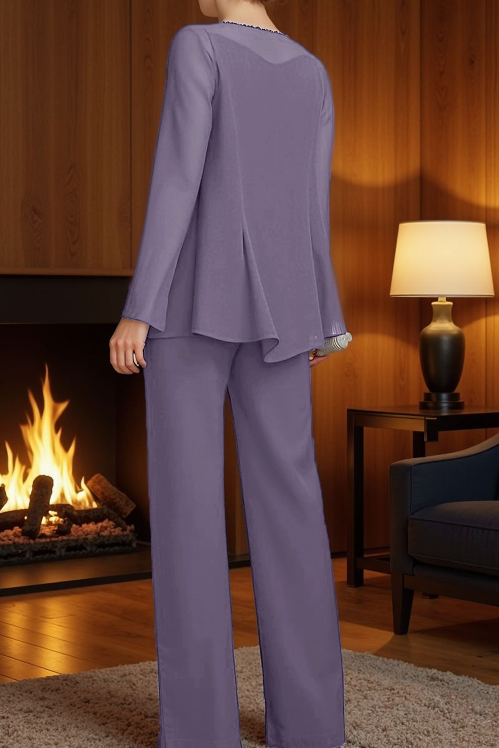 Sparkly Purple Beaded Boat Neck 3 Piece Mother of the Bride Pant Suits with Jacket