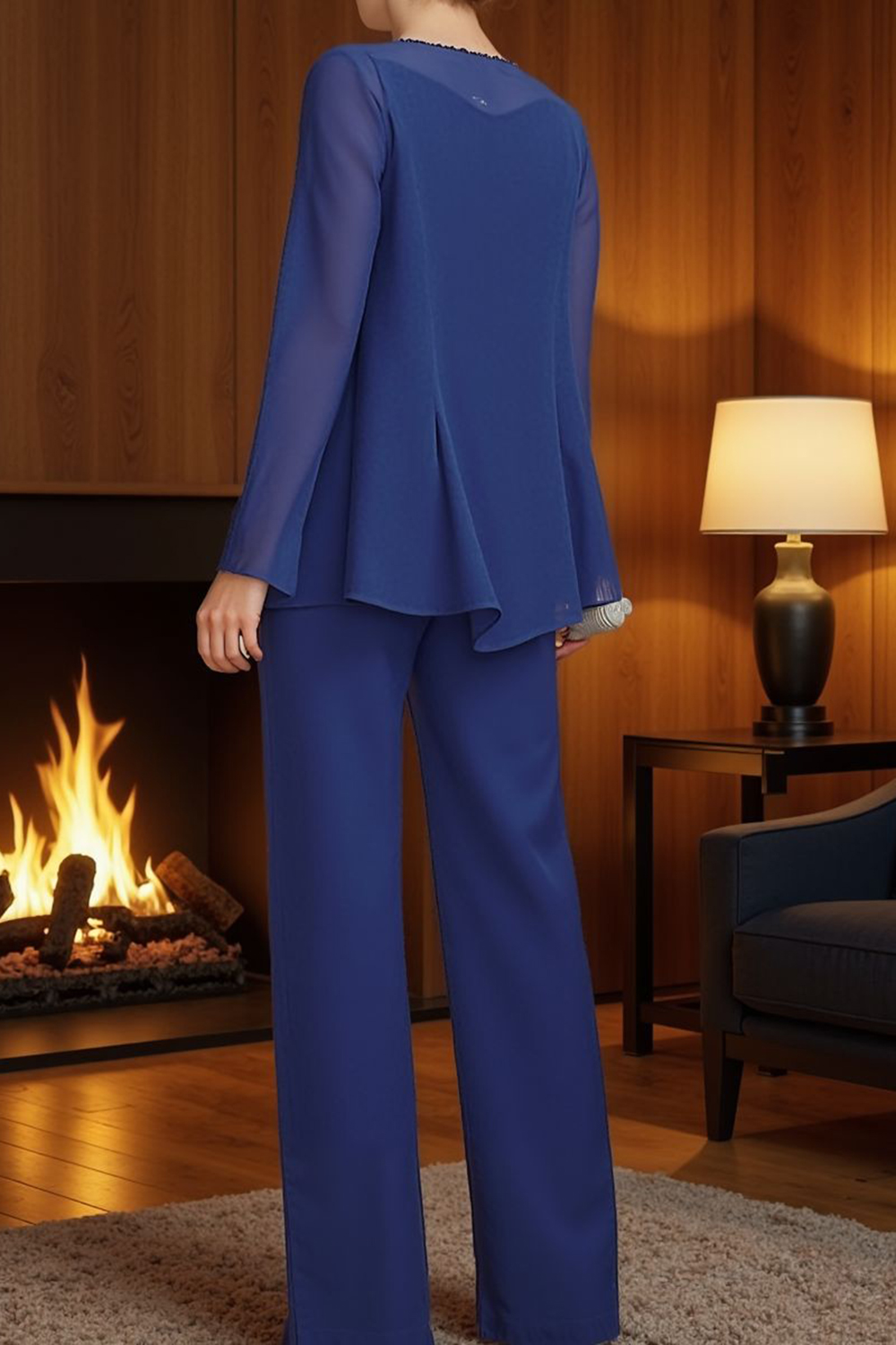 Sparkly Purple Beaded Boat Neck 3 Piece Mother of the Bride Pant Suits with Jacket