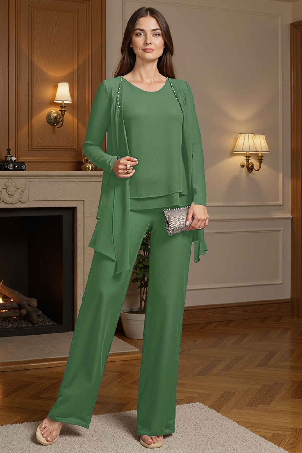 Sparkly Purple Beaded Boat Neck 3 Piece Mother of the Bride Pant Suits with Jacket