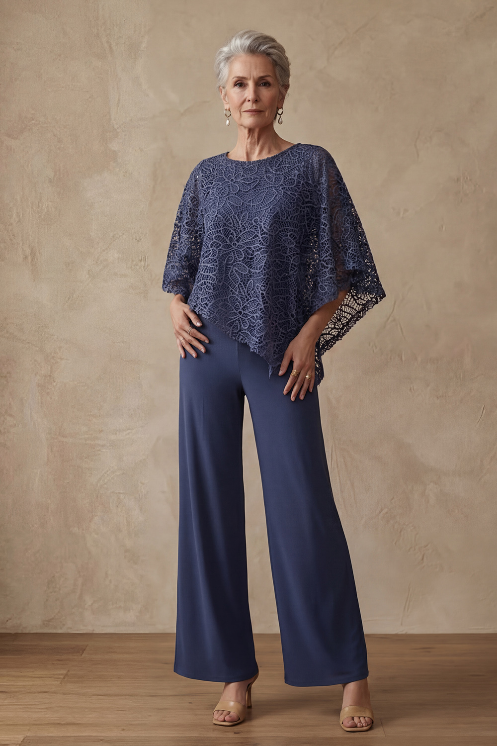 Dark Blue Lace Boat Neck 2 Piece Mother of the Bride Pant Suits