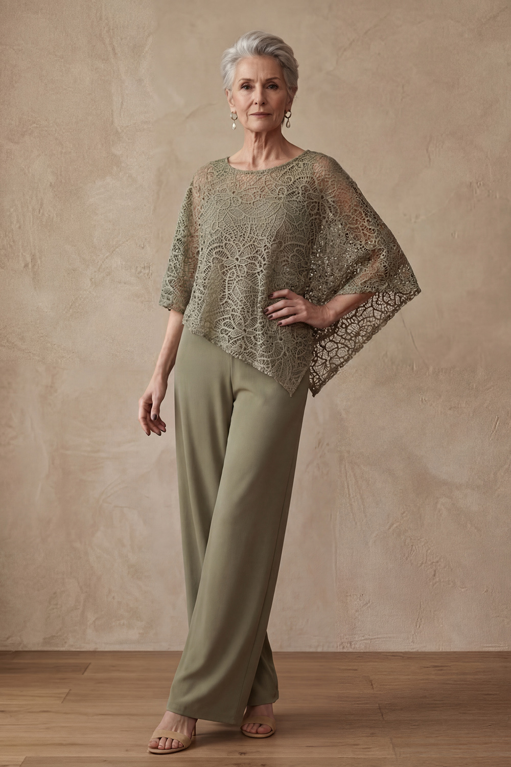 Dark Blue Lace Boat Neck 2 Piece Mother of the Bride Pant Suits