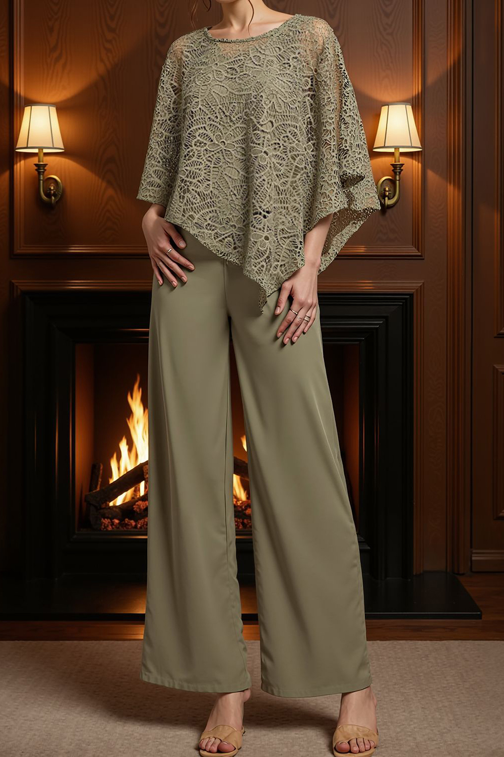 Dark Blue Lace Boat Neck 2 Piece Mother of the Bride Pant Suits with Sleeves