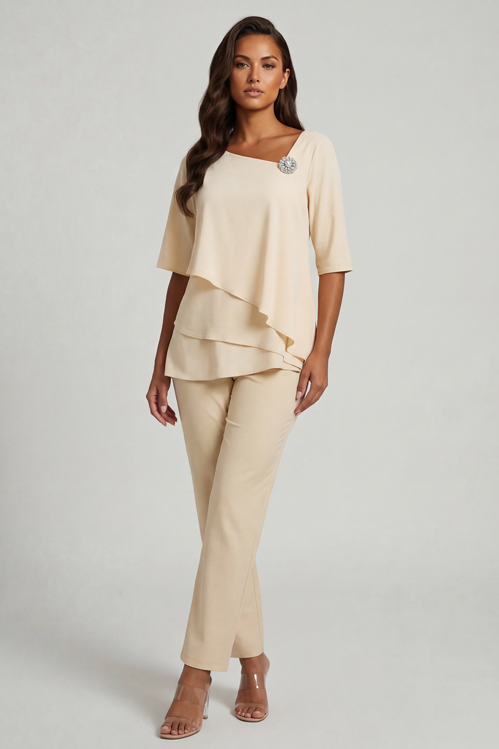 Black Tiered V-Neck 2 Piece Mother of the Bride Pant Suits with Sleeves