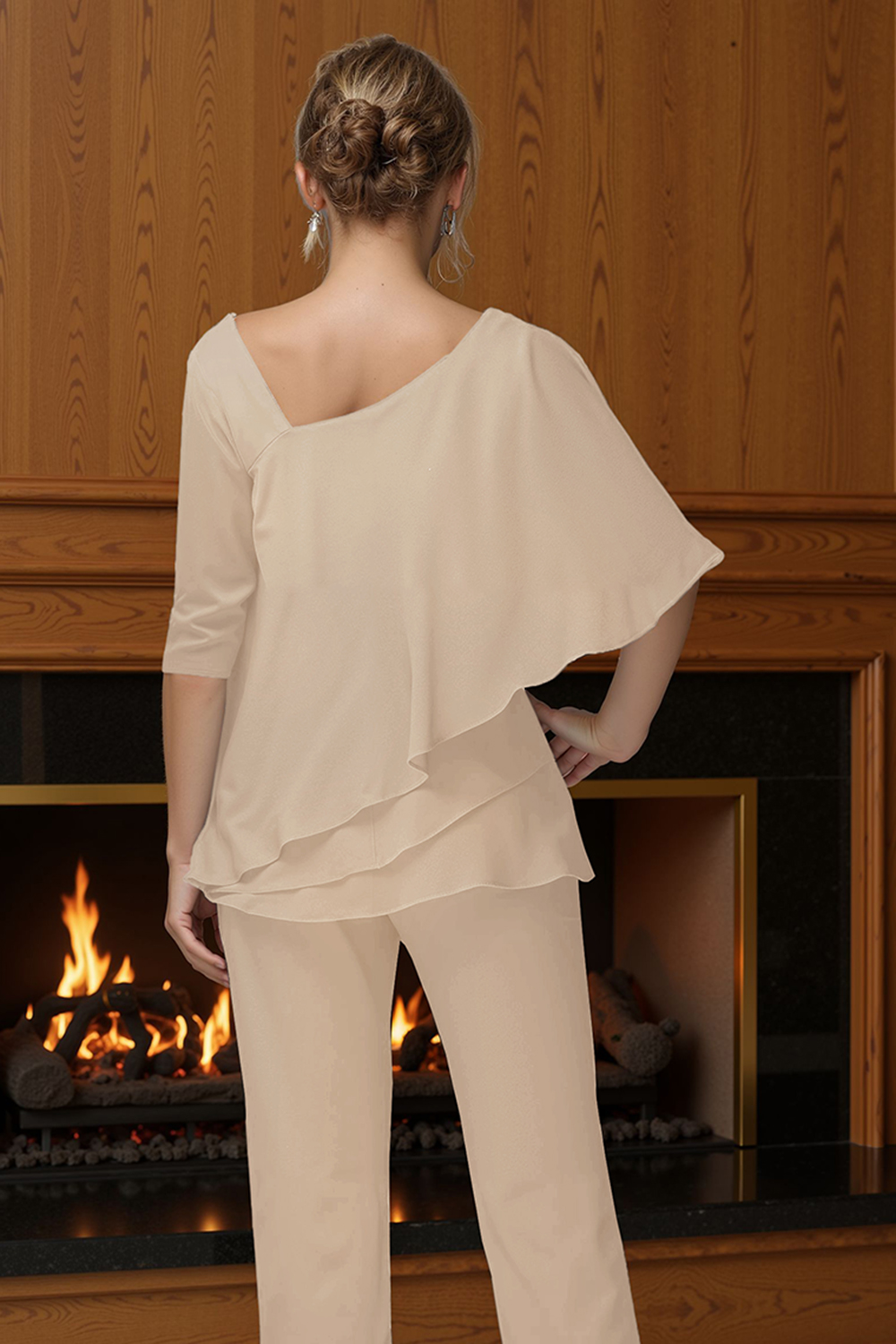 Black Tiered Satin 2 Piece Mother of the Bride Pant Suits with Sleeves