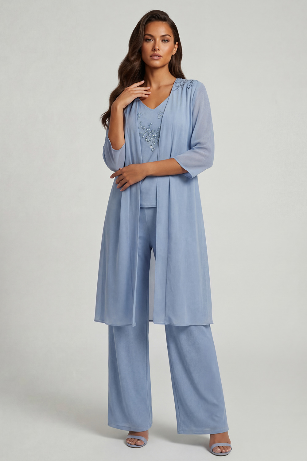 Sparkly Dusty Blue Chiffon Beaded 3 Piece Mother of the Bride Pant Suits with Jacket
