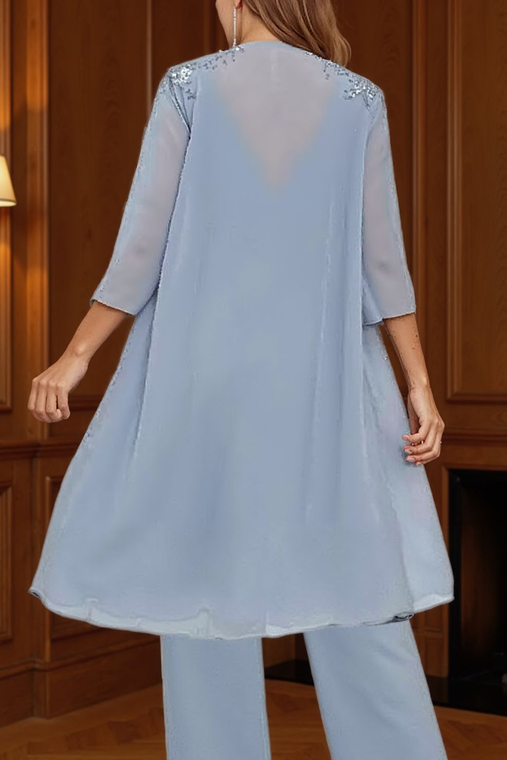 Sparkly Dusty Blue Chiffon Beaded 3 Piece Mother of the Bride Pant Suits with Jacket