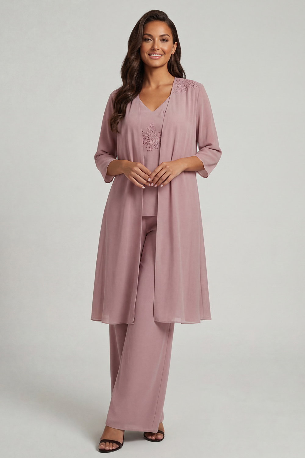 Sparkly Dusty Blue Chiffon Beaded 3 Piece Mother of the Bride Pant Suits with Jacket