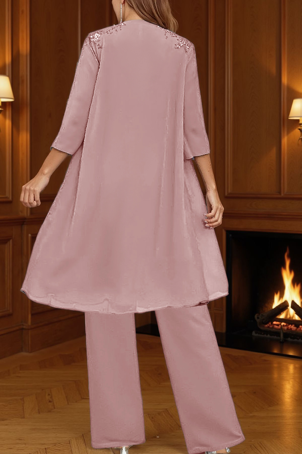 Sparkly Dusty Blue Chiffon Beaded 3 Piece Mother of the Bride Pant Suits with Jacket