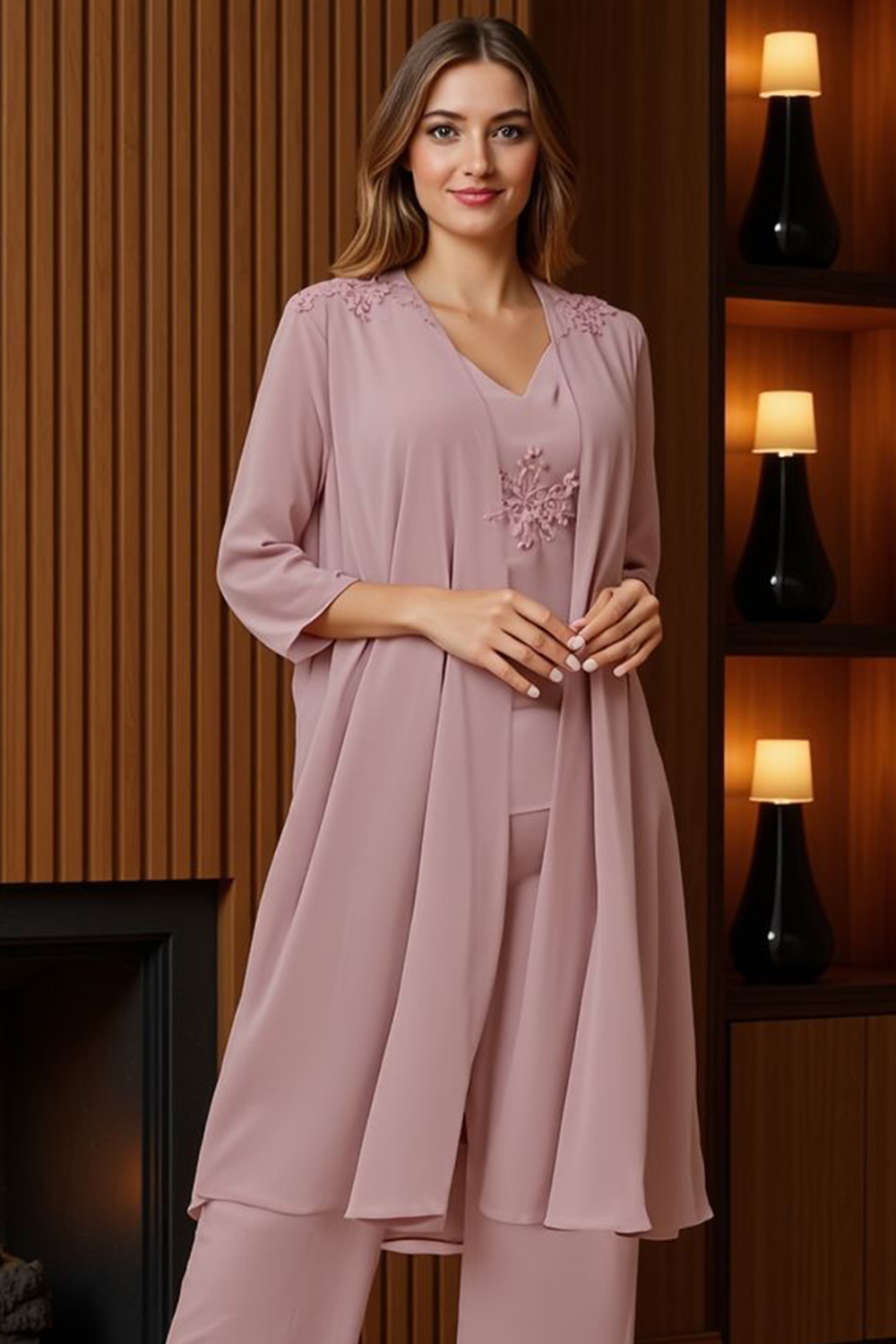 Sparkly Dusty Blue Chiffon Beaded 3 Piece Mother of the Bride Pant Suits with Jacket