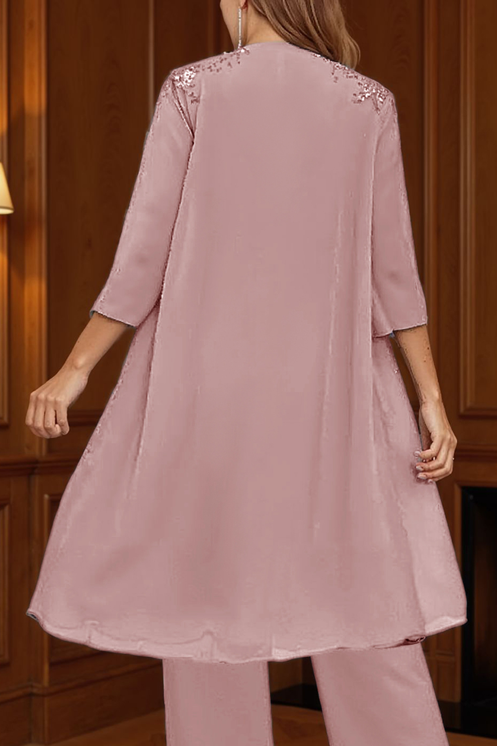 Sparkly Dusty Blue Chiffon Beaded 3 Piece Mother of the Bride Pant Suits with Jacket