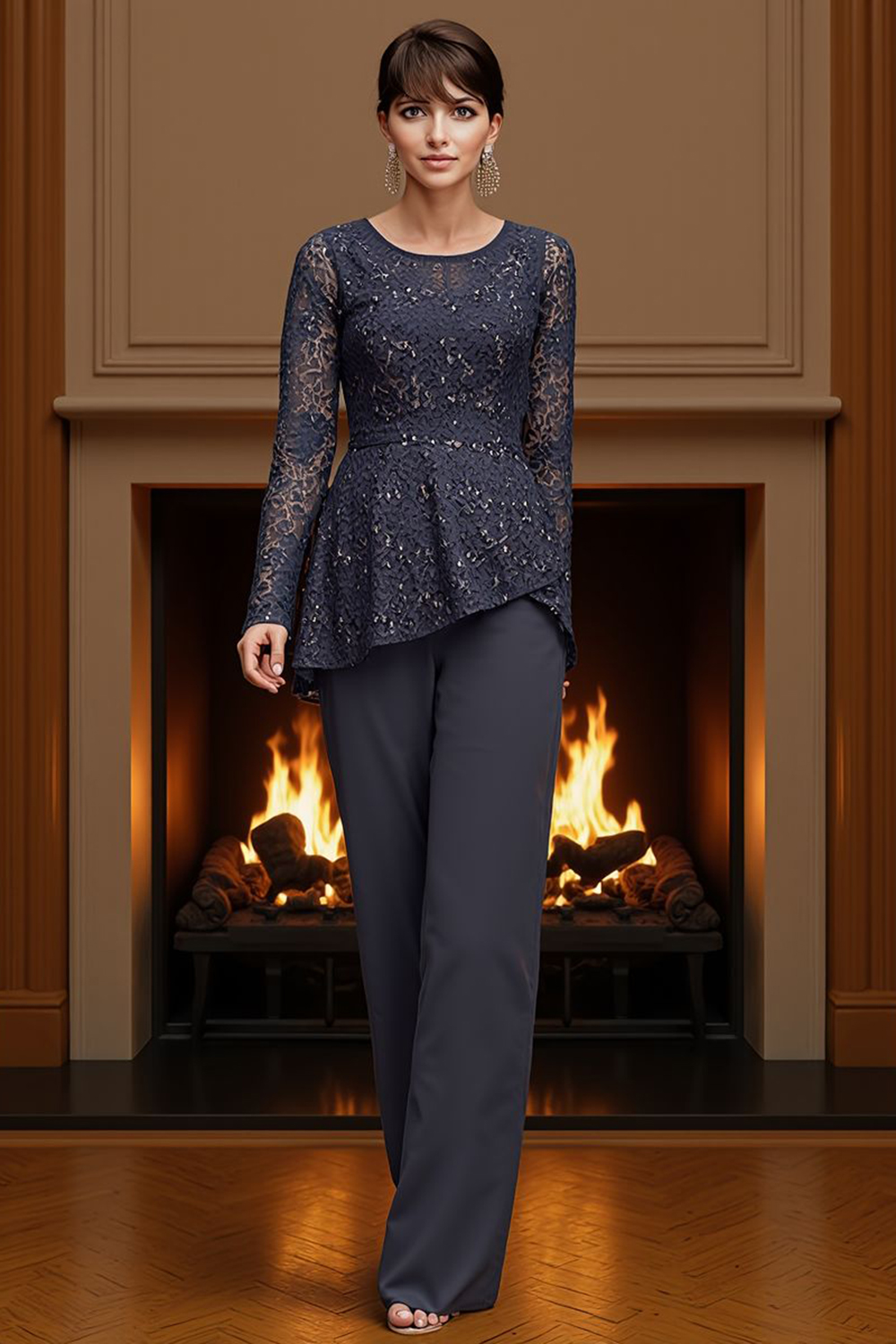 Sparkly Navy Sequin Boat Neck 2 Piece Mother of the Bride Pant Suits with Lace