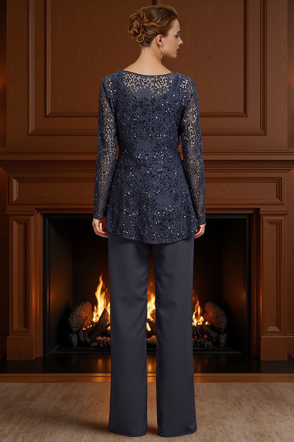 Sparkly Navy Sequin Boat Neck 2 Piece Mother of the Bride Pant Suits with Lace