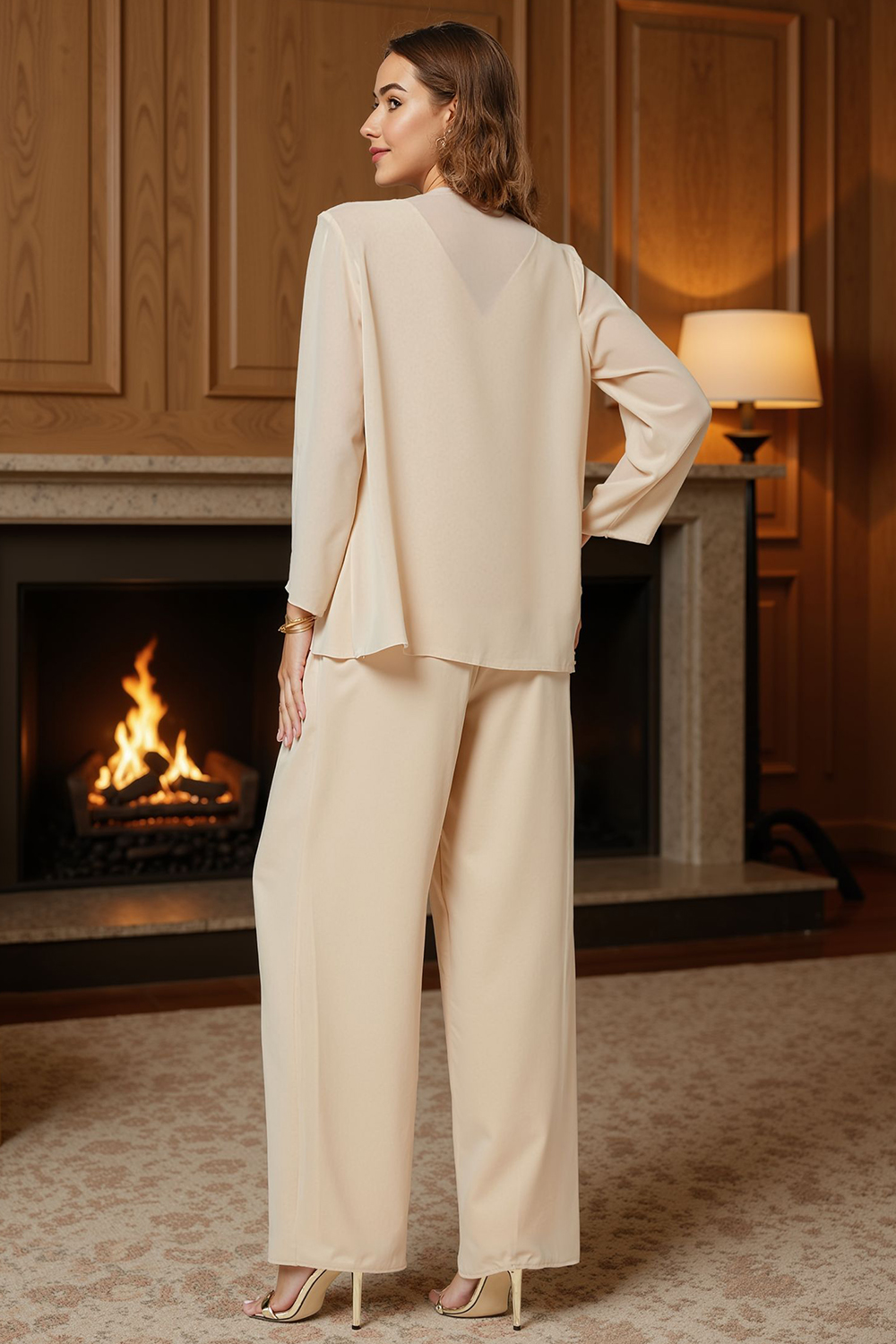 Champagne Chiffon V-Neck 3 Piece Mother of the Bride Pant Suits with Lace