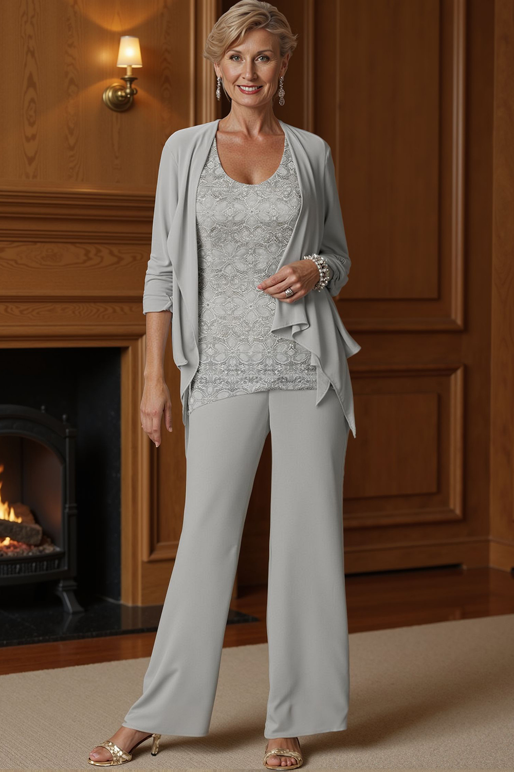Silver Chiffon Boat Neck 3 Piece Mother of the Bride Pant Suits with Jacket