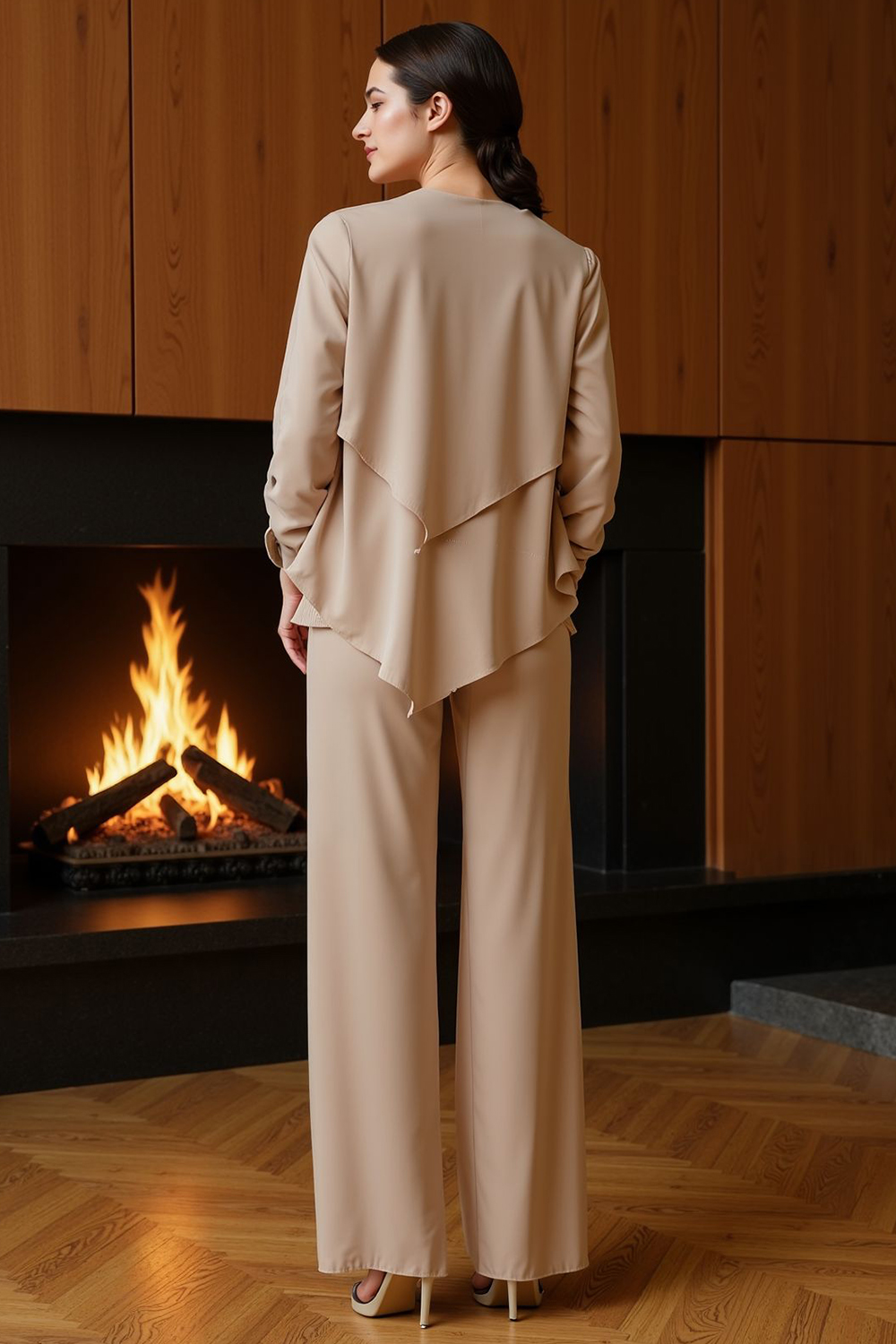 Khaki Chiffon Boat Neck 3 Piece Mother of the Bride Pant Suits with Jacket