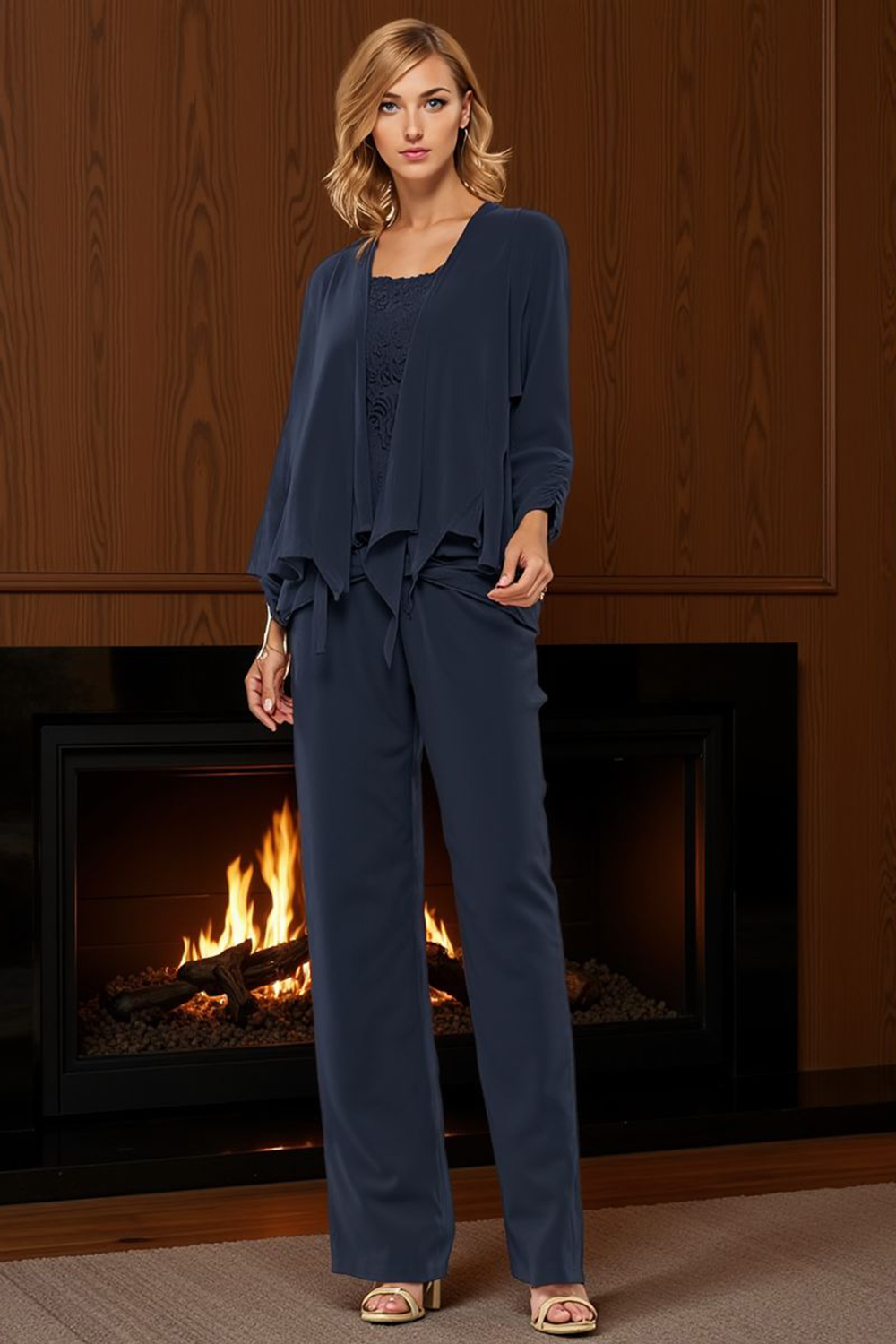 Khaki Chiffon Boat Neck 3 Piece Mother of the Bride Pant Suits with Jacket