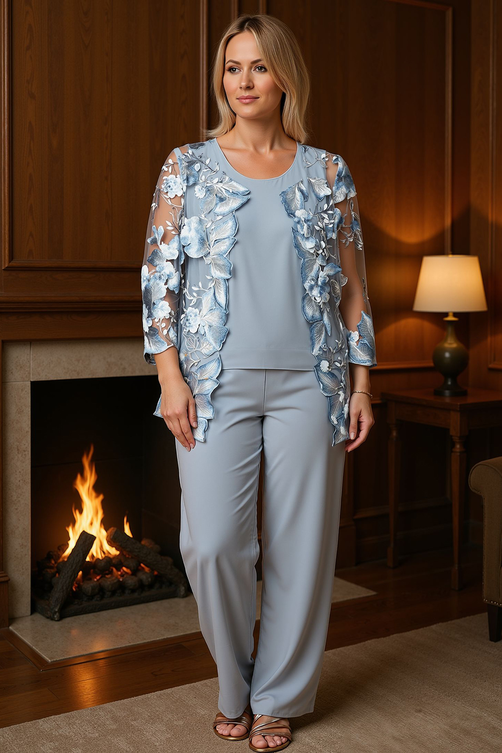 Navy Boat Neck Floral 3 Piece Mother of the Bride Pant Suits with Jacket