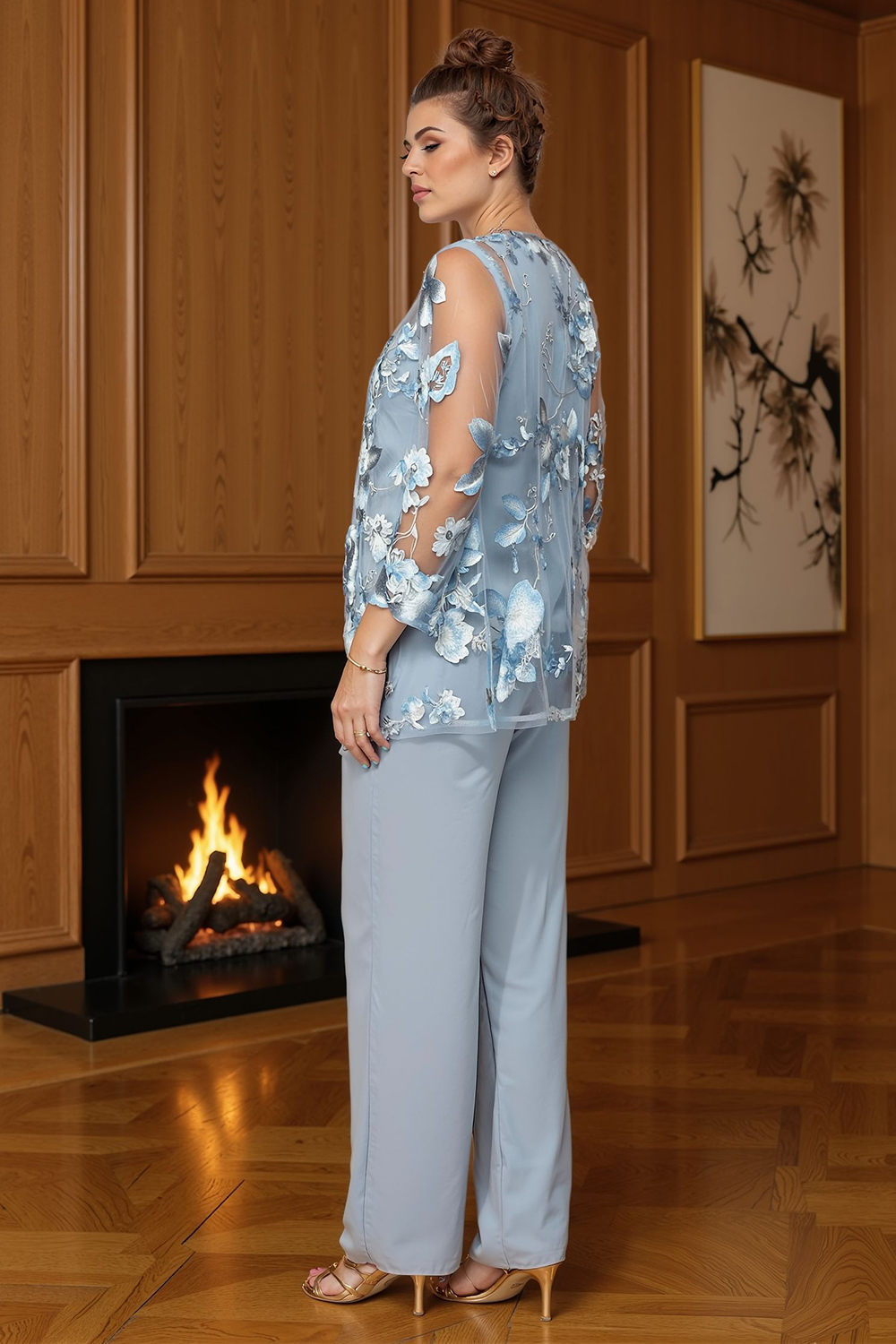 Navy Boat Neck Floral 3 Piece Mother of the Bride Pant Suits with Jacket