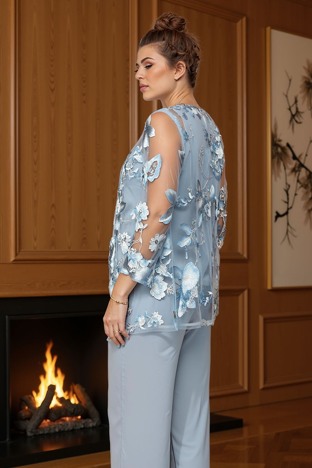 Navy Boat Neck Floral 3 Piece Mother of the Bride Pant Suits with Jacket