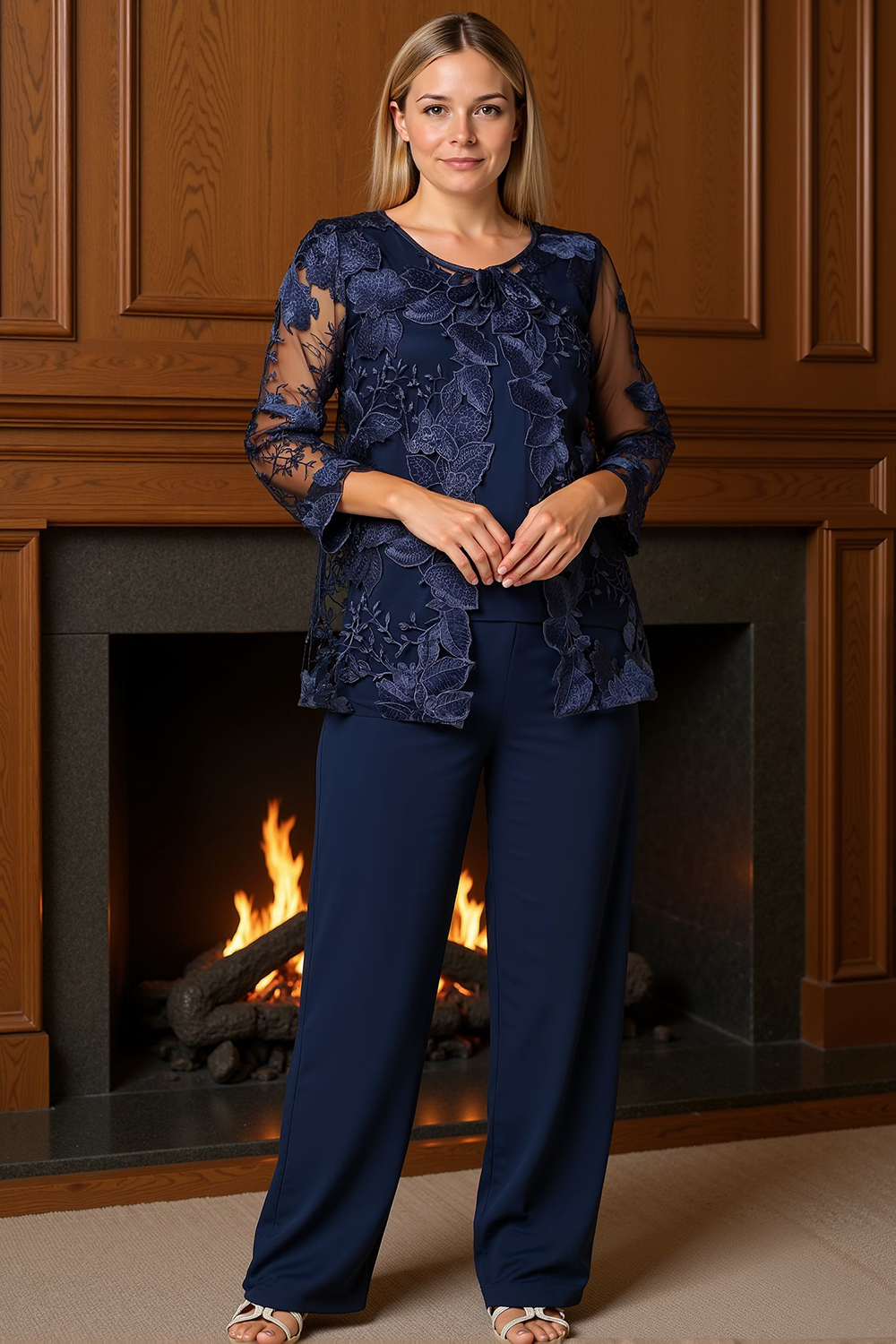 Navy Boat Neck Floral 3 Piece Mother of the Bride Pant Suits with Jacket