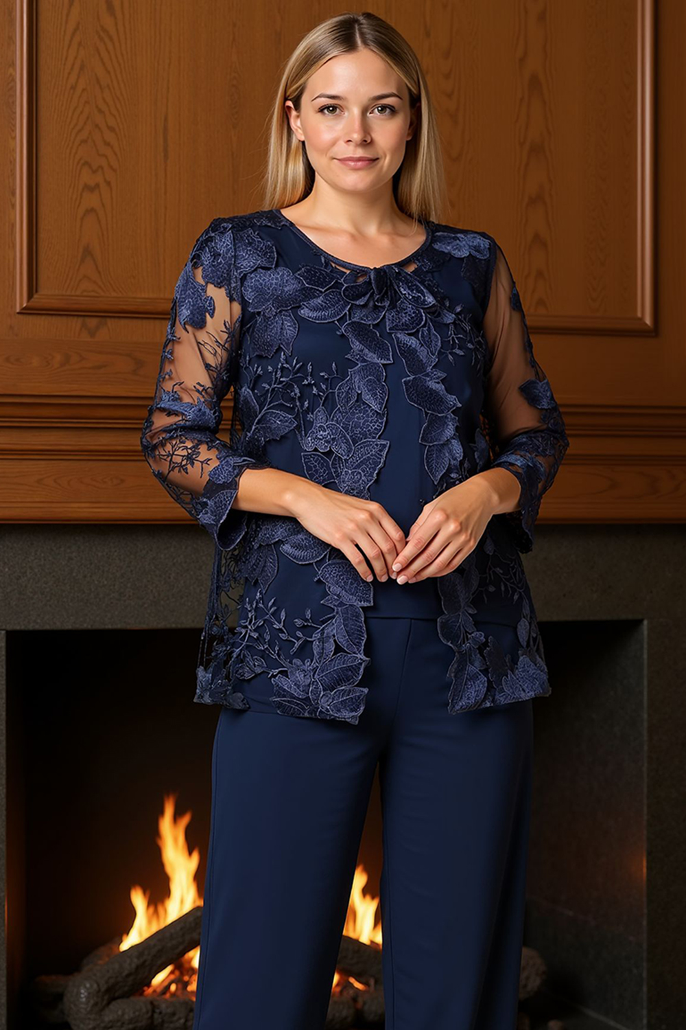 Navy Boat Neck Floral 3 Piece Mother of the Bride Pant Suits with Jacket