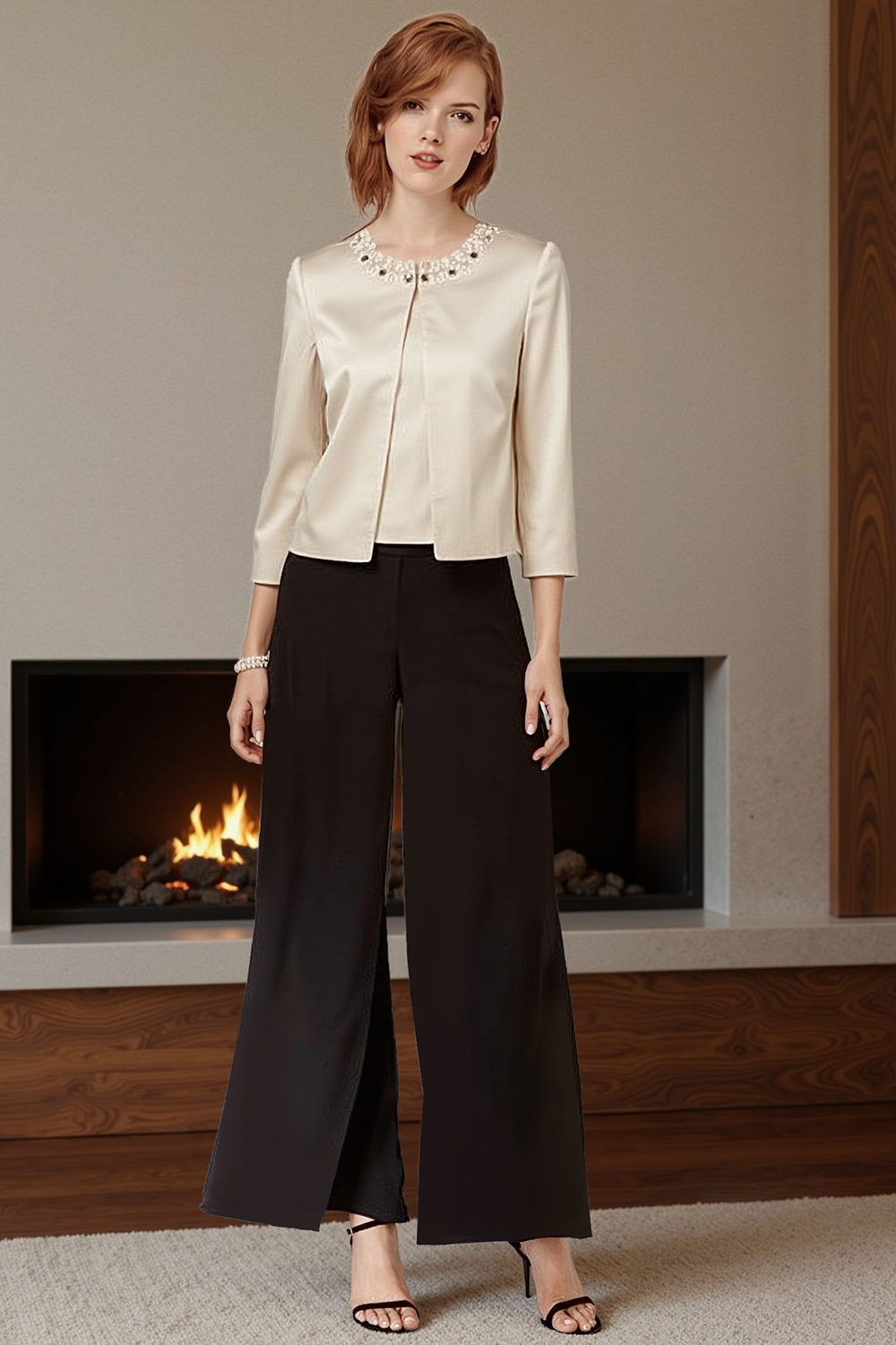 Sparkly Black Apricot Beaded 3 Piece Mother of the Bride Pant Suits with Jacket