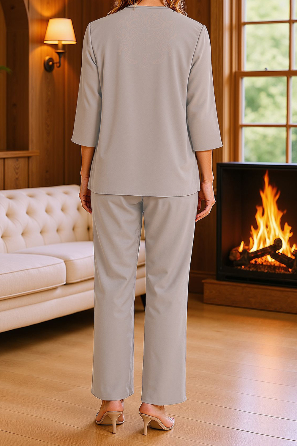 Khaki Floral Chiffon 3 Piece Mother of the Bride Pant Suits with Jacket