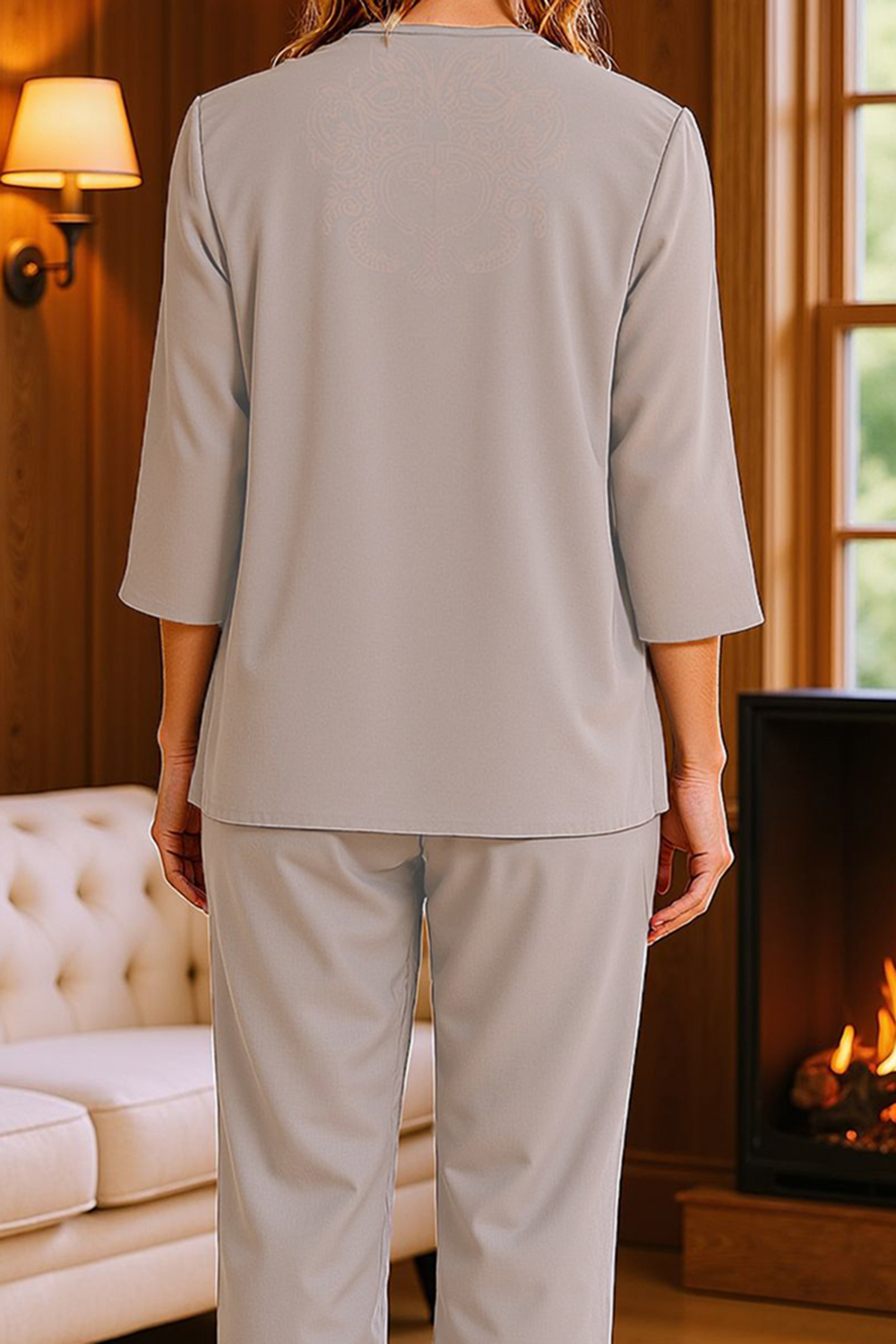 Khaki Floral Chiffon 3 Piece Mother of the Bride Pant Suits with Jacket