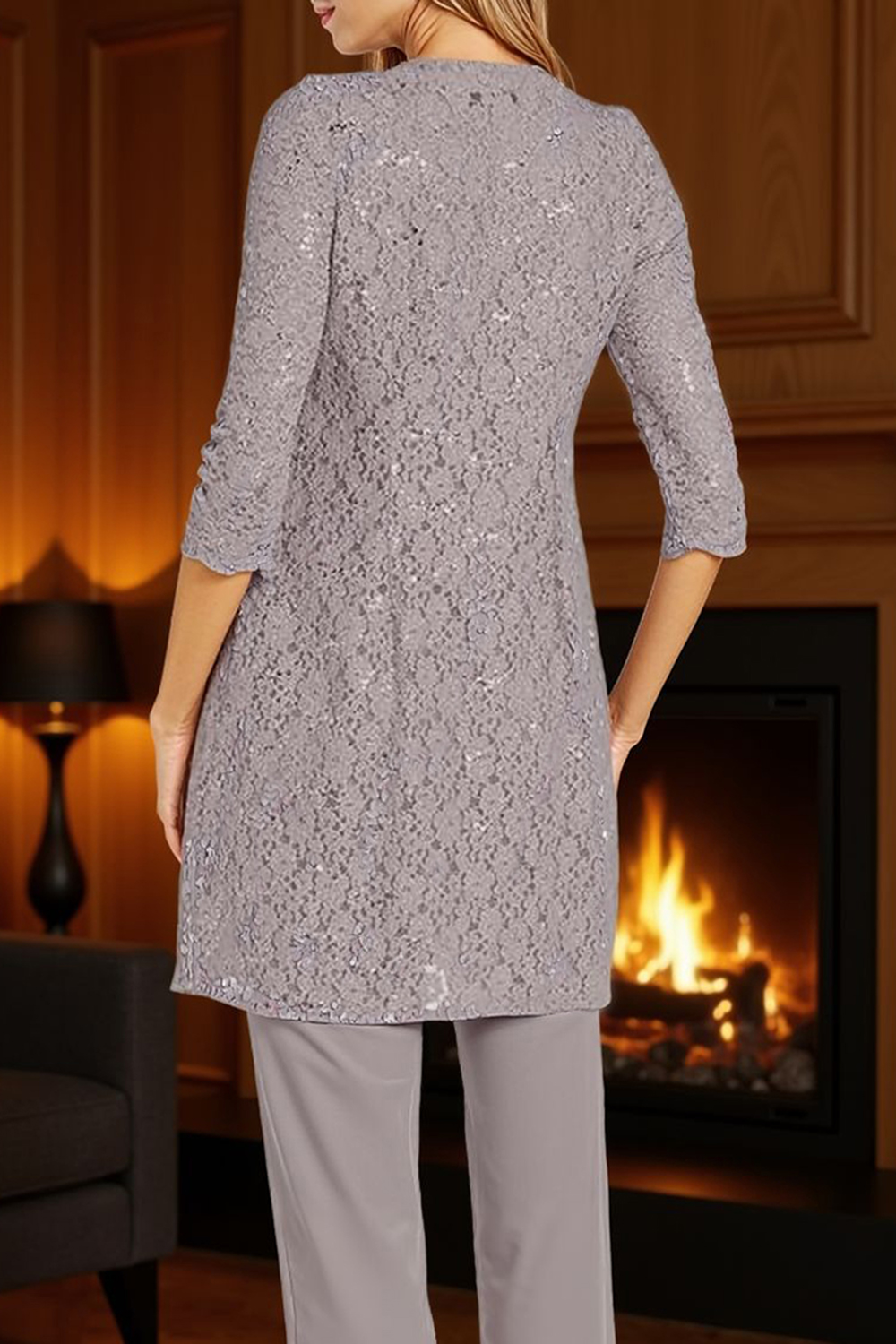 Sparkly Dusk Beaded Boat Neck 3 Piece Mother of the Bride Pant Suits with Jacket