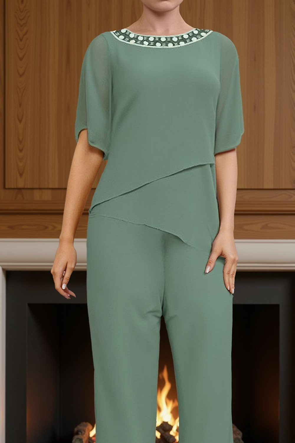 Royal Blue Chiffon Boat Neck 2 Piece Mother of the Bride Pant Suits with Sleeves