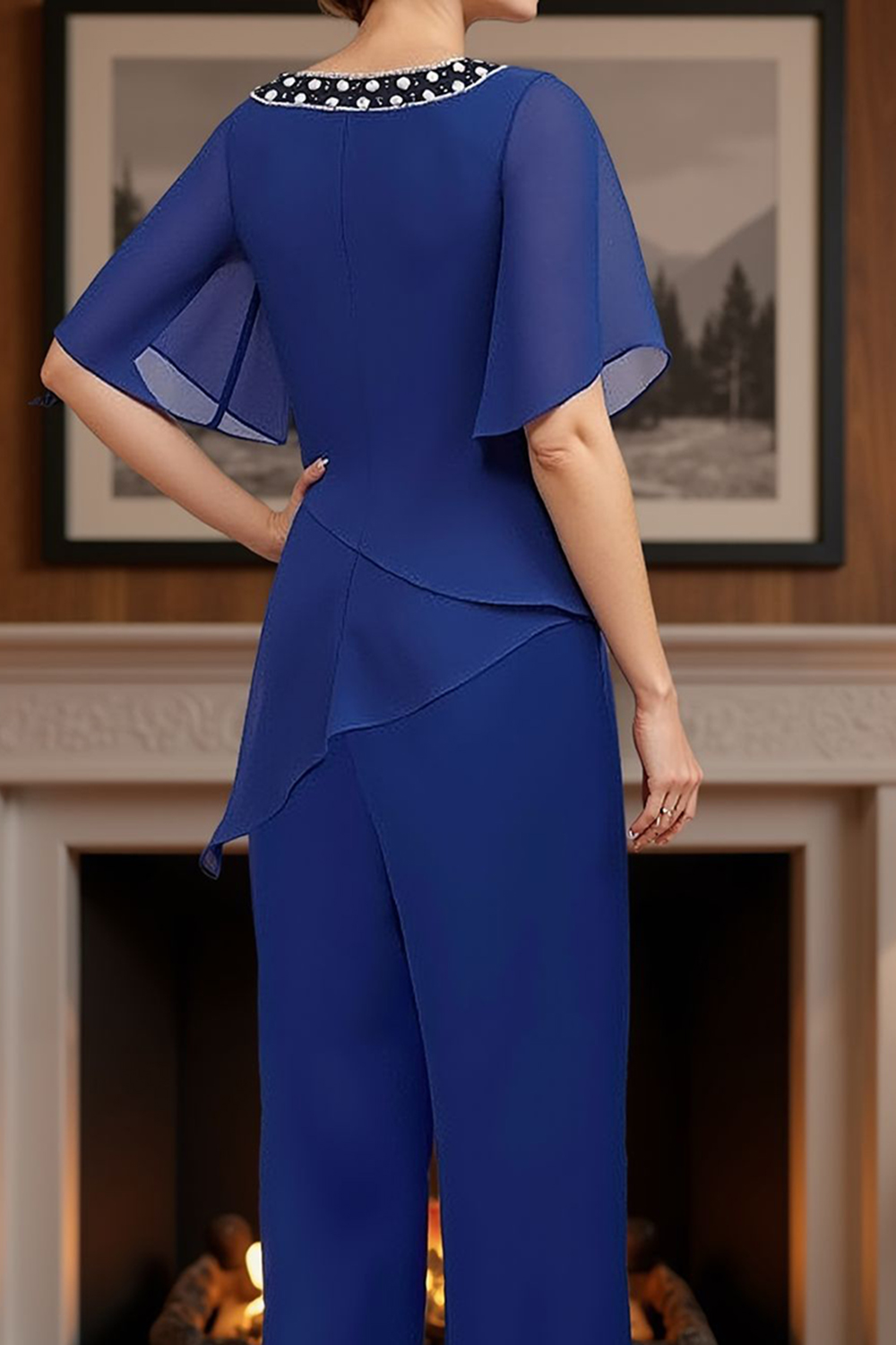 Royal Blue Chiffon Boat Neck 2 Piece Mother of the Bride Pant Suits with Sleeves