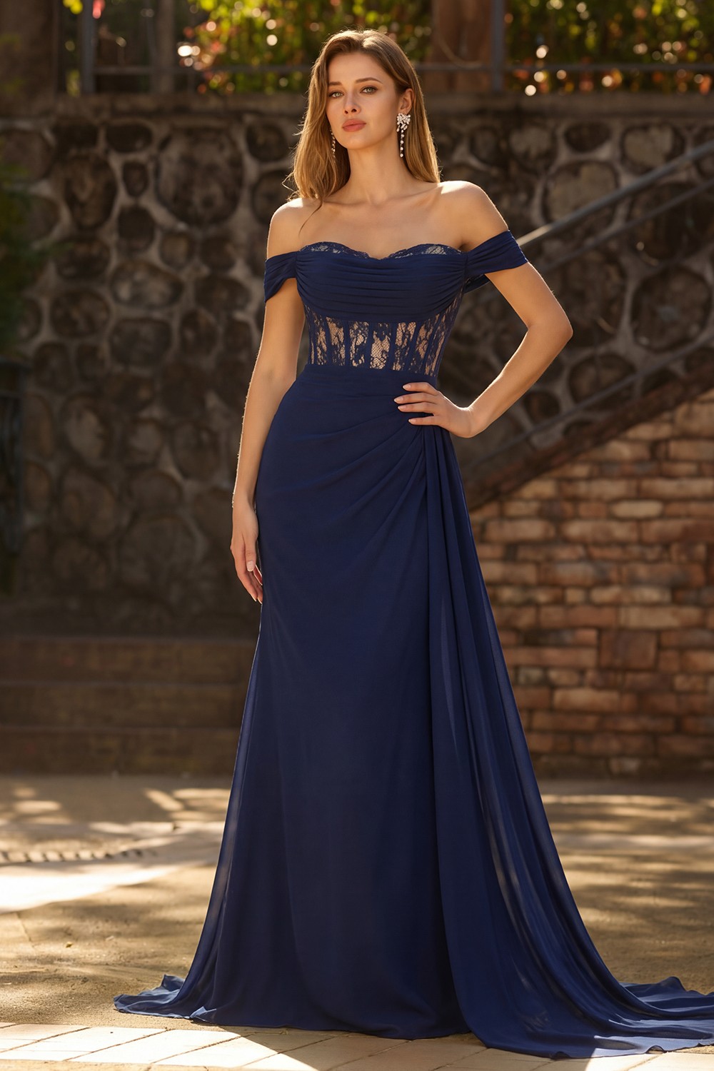 Navy Off the Shoulder Corset Long Prom Dress with Lace