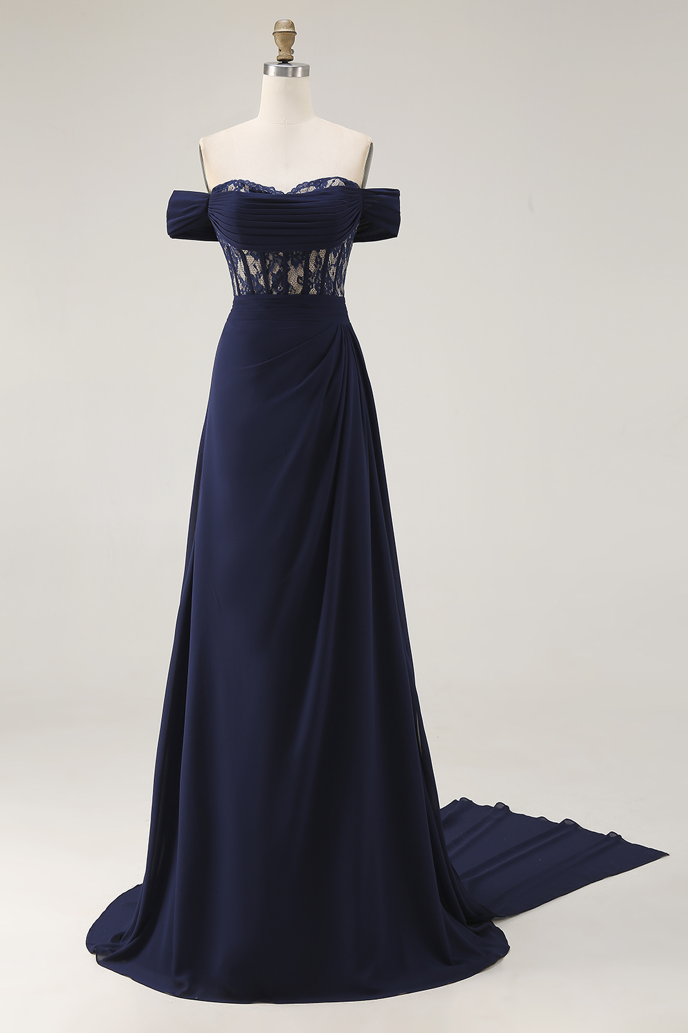 Navy Off the Shoulder Corset Long Prom Dress with Lace