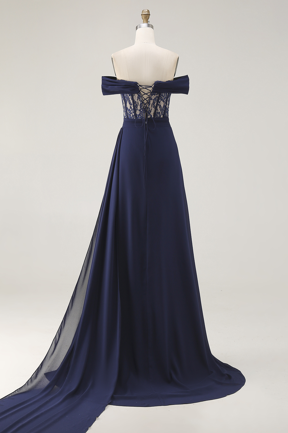 Navy Off the Shoulder Corset Long Prom Dress with Lace