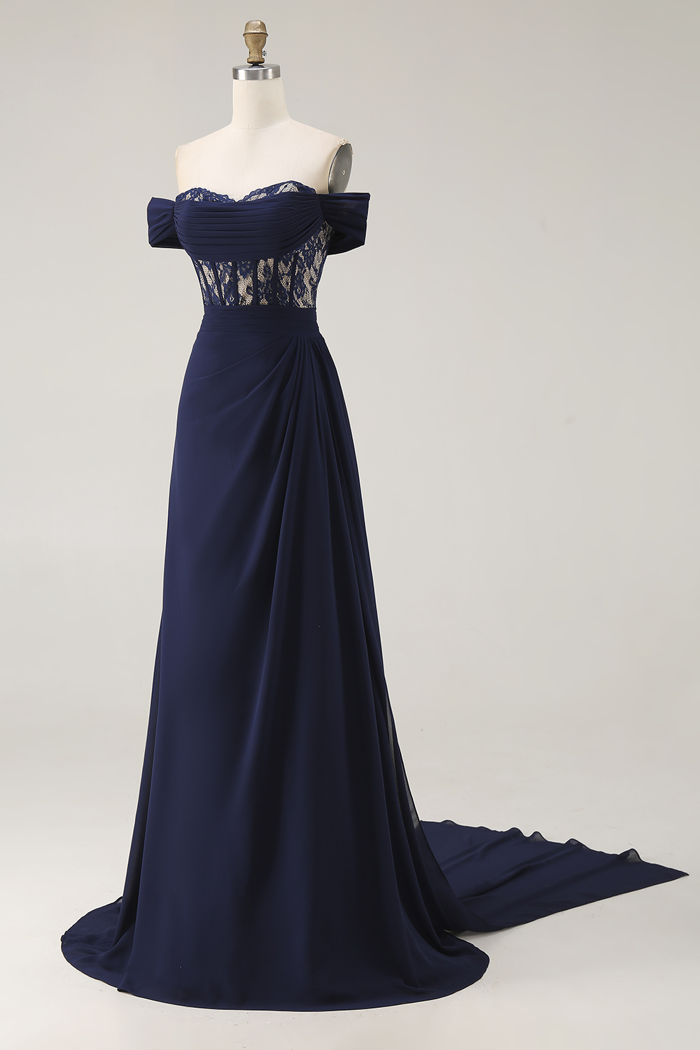 Navy Off the Shoulder Corset Long Prom Dress with Lace