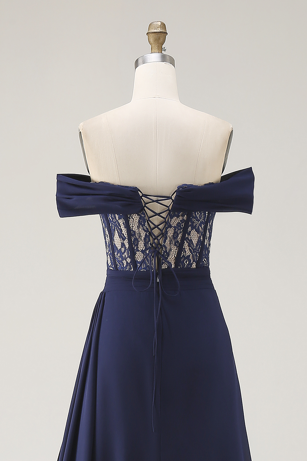 Navy Off the Shoulder Corset Long Prom Dress with Lace