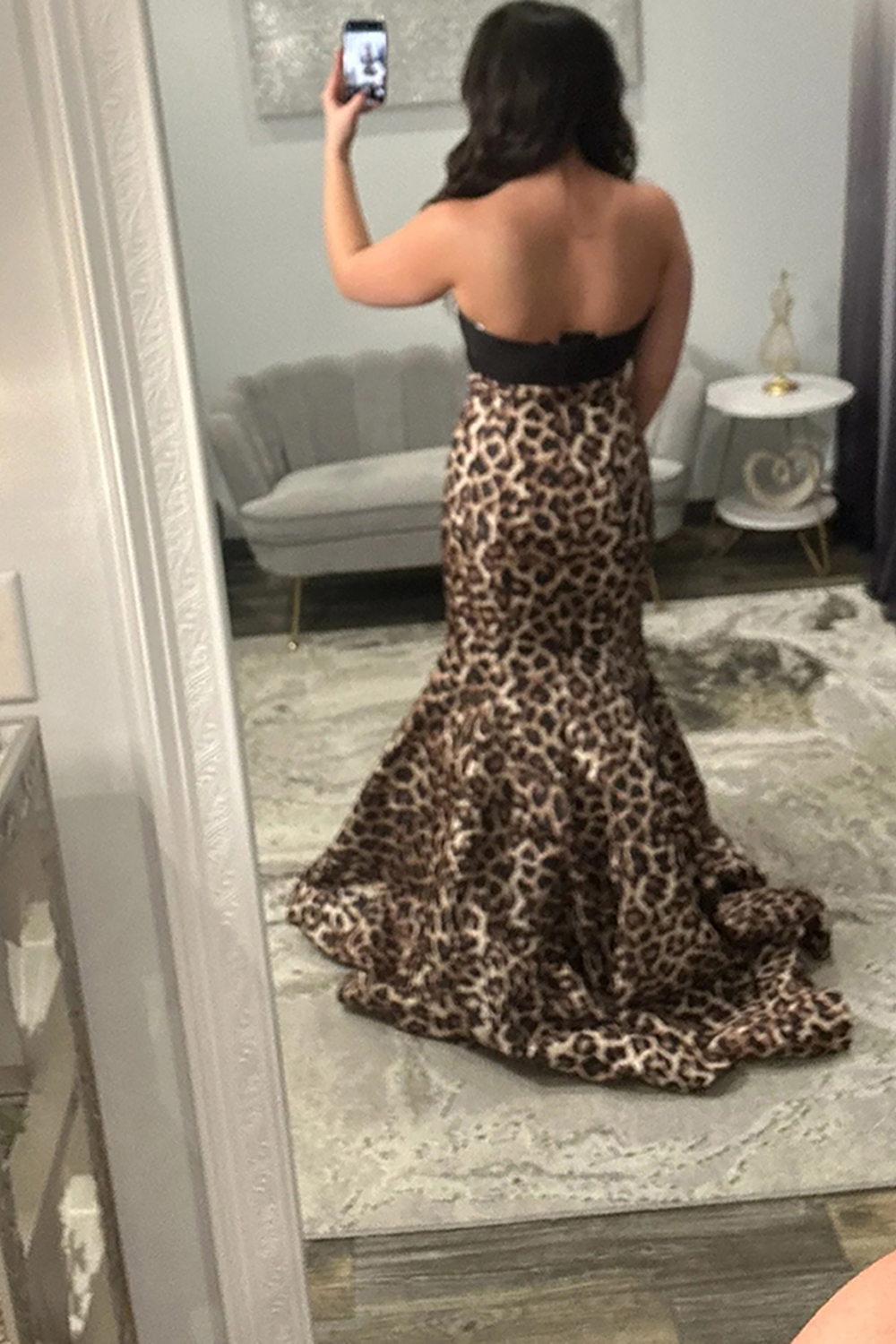 Brown Leopard Mermaid Strapless Long Prom Dress with 3D Flower