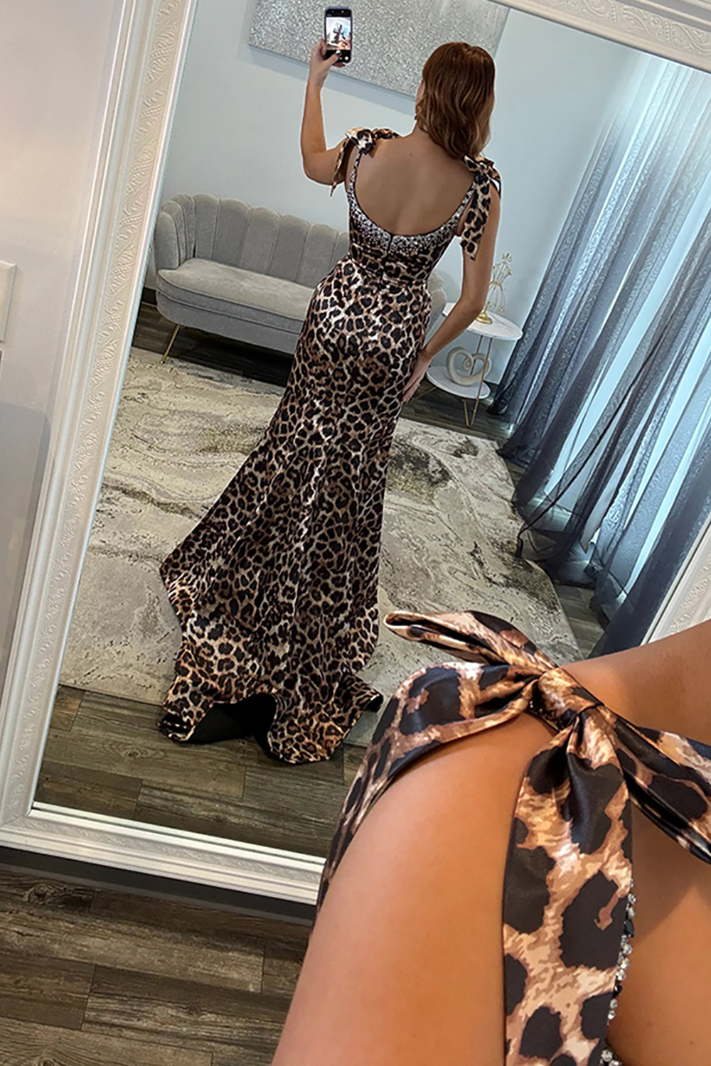 Sparkly Brown Leopard Mermaid Beaded Long Prom Dress with Bows