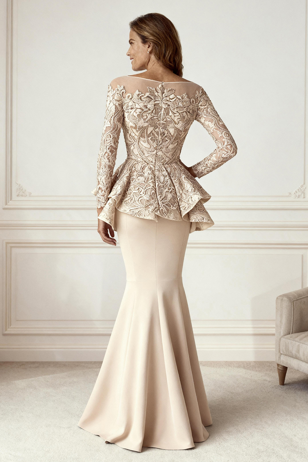 Champagne Mermaid Ruffled Floor-Length Mother of the Bride Dress with Lace