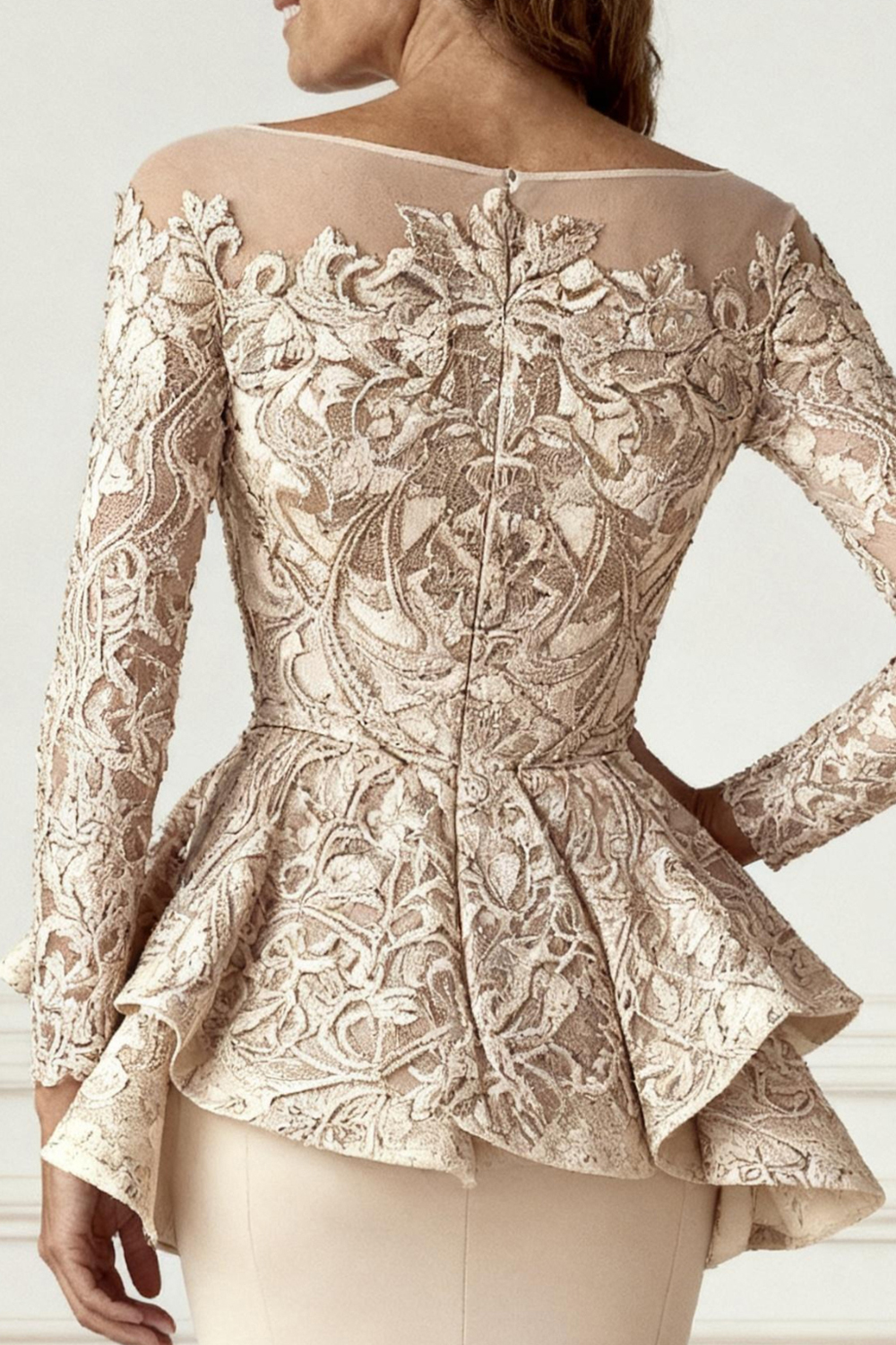 Champagne Mermaid Ruffled Floor-Length Mother of the Bride Dress with Lace